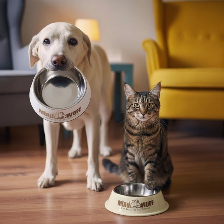Miau Wuff - Bild mit Katze und Hunde die leer Miau Wuff - Fressnapf